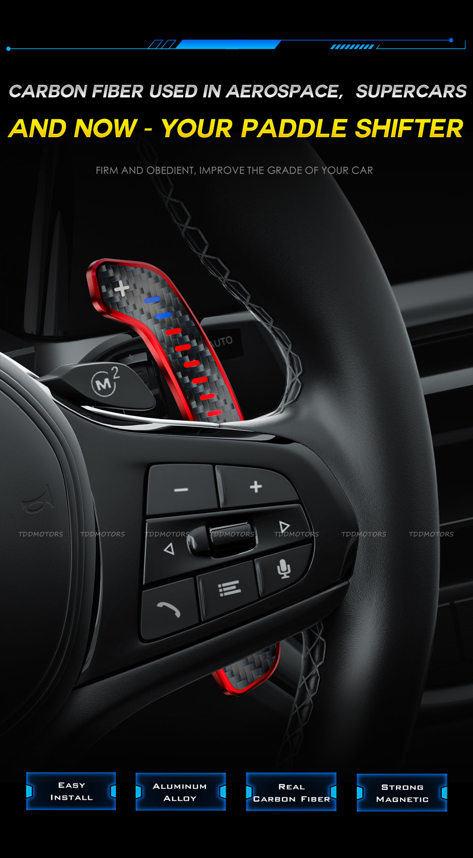 TDD Carbon Fiber Magnetic LED Paddle Shifters For Toyota Camry Avalon Corolla