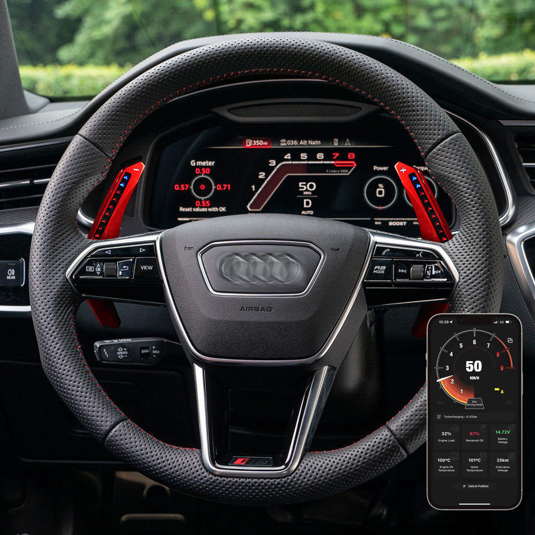 TDD Motors LED Paddle Shifter Extension for Audi A6L:2018-2021; _x000b_RS6:2019-2021; RS7:2021; RSQ8:2021; _x000b_RS e-tron:2021; _x000b_S6:2021; A7:2019-2021; S7:2020; SQ5:2018-2021